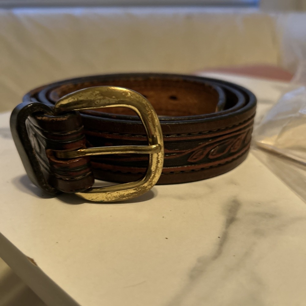 Western Belt Brown and Black Hand Tooled Print Men's 36 Leather Great Smokey Mtn